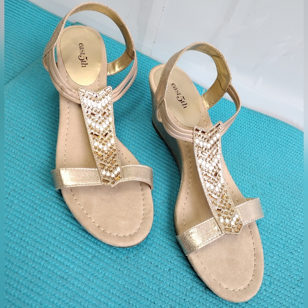 East 5th Women's Rhinestone Embellished Wedge Sandals Slingback - 9.5M